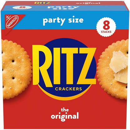 Ritz Fresh Stacks Original Snack Crackers in party size with 16 multi-pack snack packs, stacked in a cardboard box.