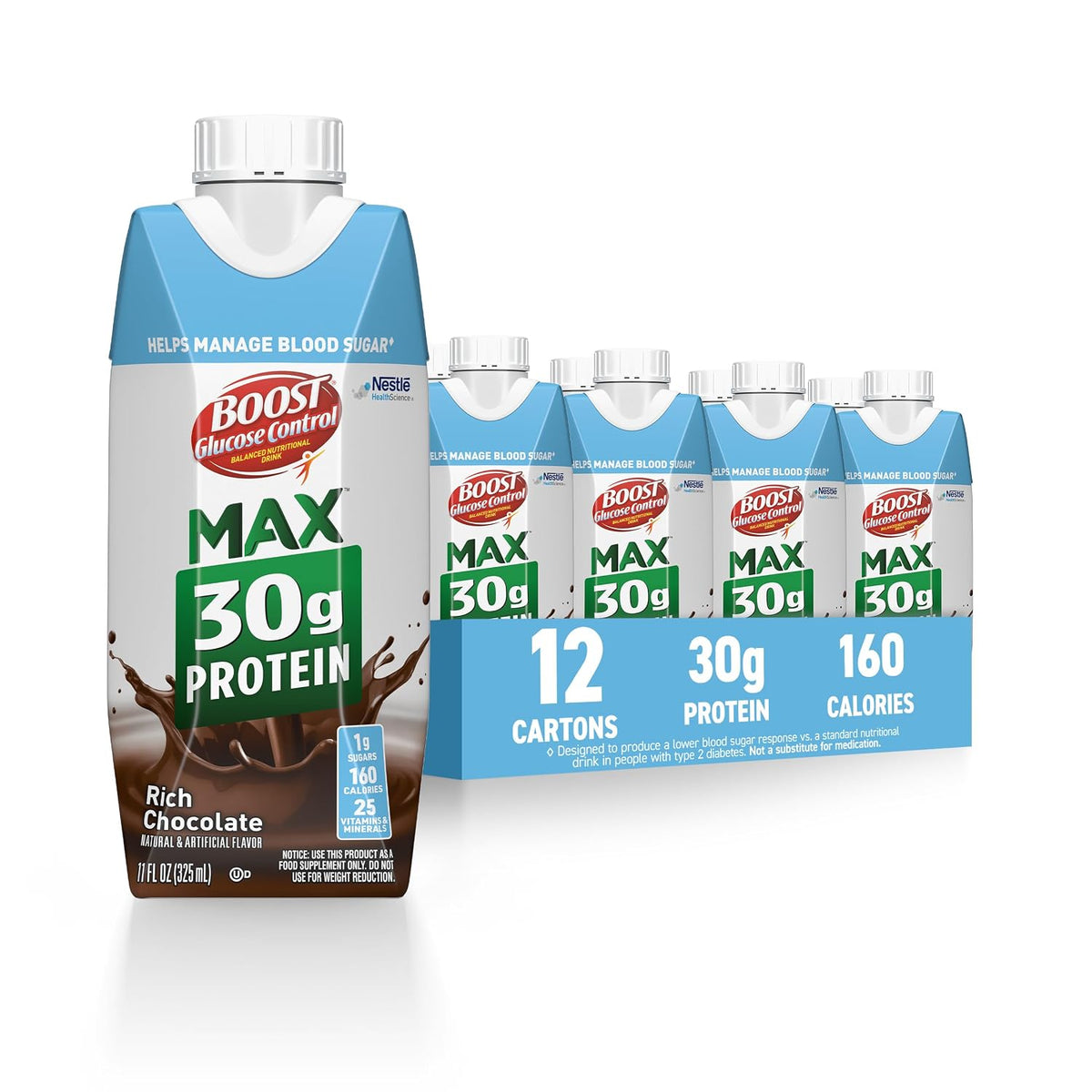 BOOST Glucose Control Max Protein Nutritional Drink in chocolate flavor, 11 fl oz bottle with label and cap visible.