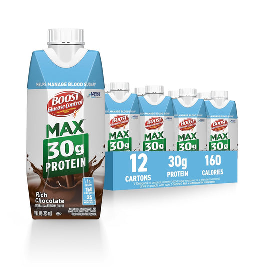 BOOST Glucose Control Max Protein Nutritional Drink in chocolate flavor, 11 fl oz bottle with label and cap visible.