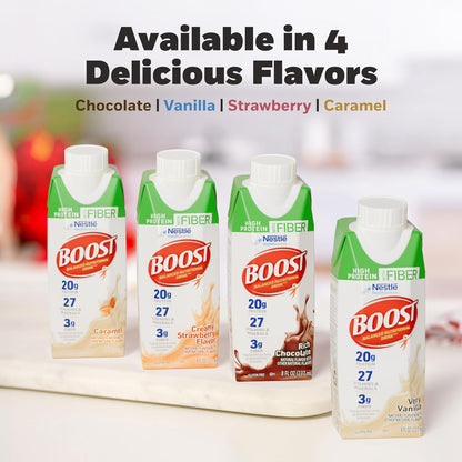 BOOST High Protein with Fiber Chocolate Nutritional Shake, 24-pack, with creamy chocolate flavor and balanced nutrition in bottles.