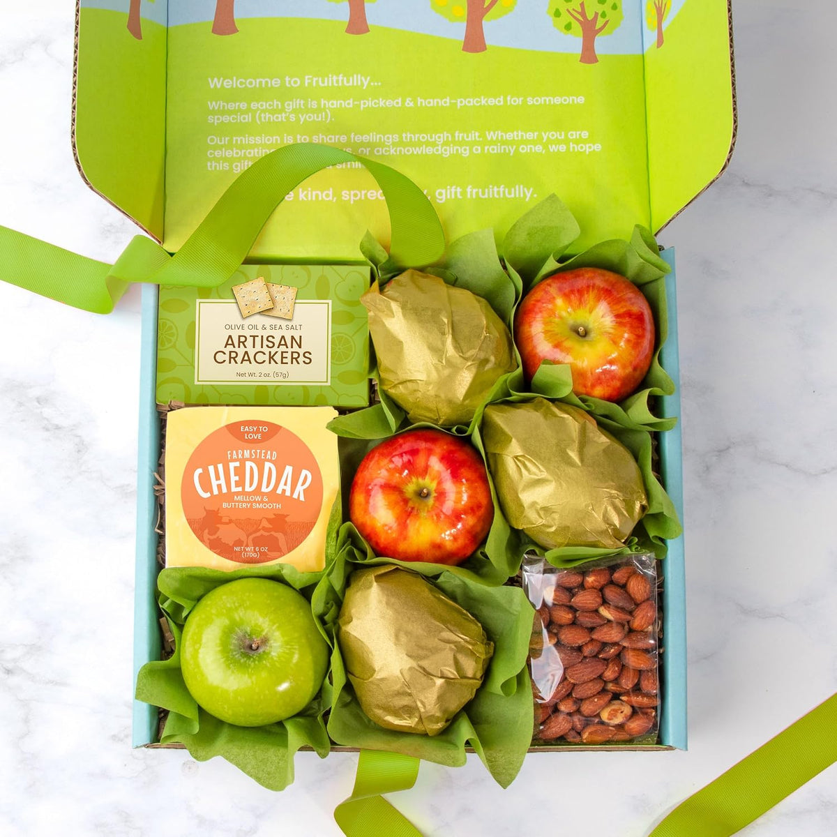 Fresh fruit gift basket by A Gift Inside with mixed fruits, cheese, and olive oil crackers, perfect for special occasions.