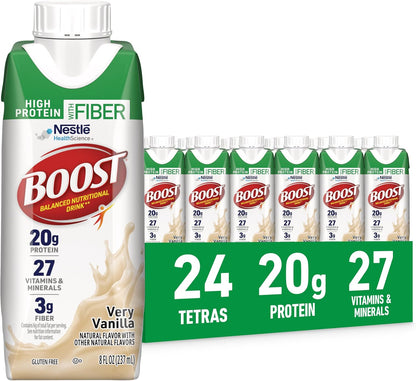 BOOST High Protein with Fiber Vanilla nutritional shake 24-pack, showing bottles with vanilla flavor and balanced nutrition.