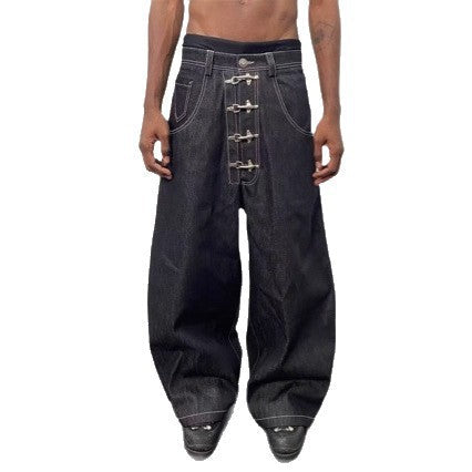 American-style streetwear retro machete jeans, blue denim with distressed details