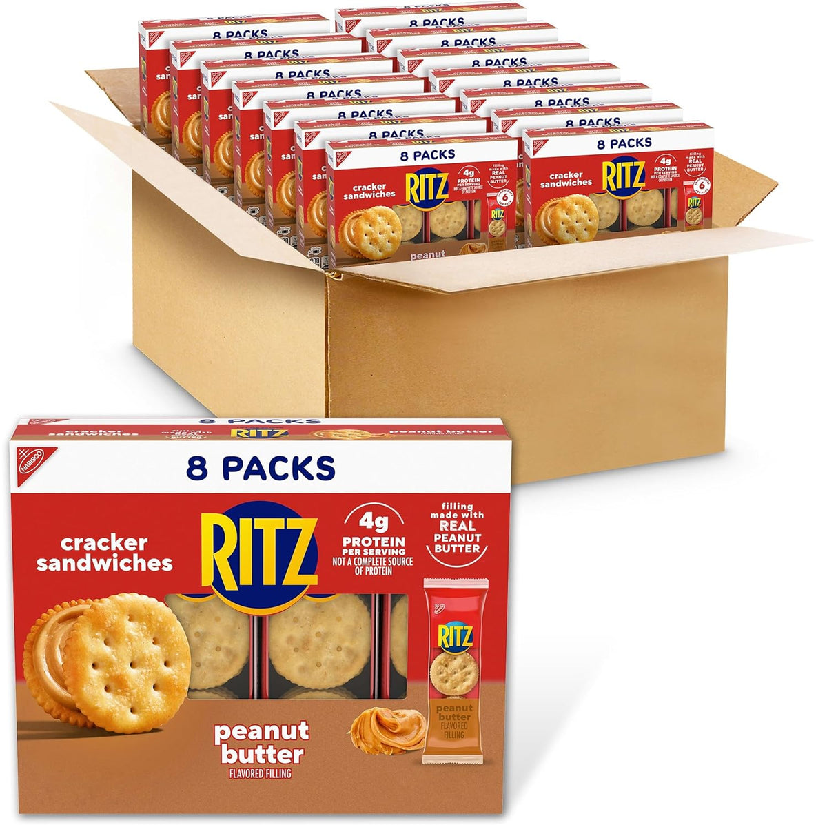 Ritz Peanut Butter & Cheese Sandwich Crackers Variety Pack with 20 individual snack packs, showcasing crispy sandwich crackers with creamy fillings.