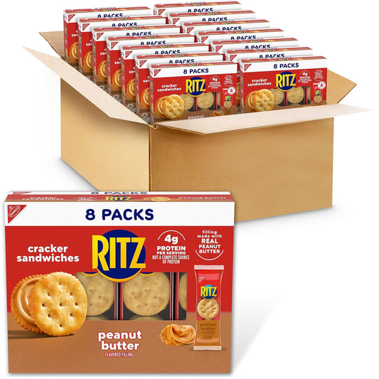Ritz Peanut Butter & Cheese Sandwich Crackers Variety Pack with 20 individual snack packs, showcasing crispy sandwich crackers with creamy fillings.