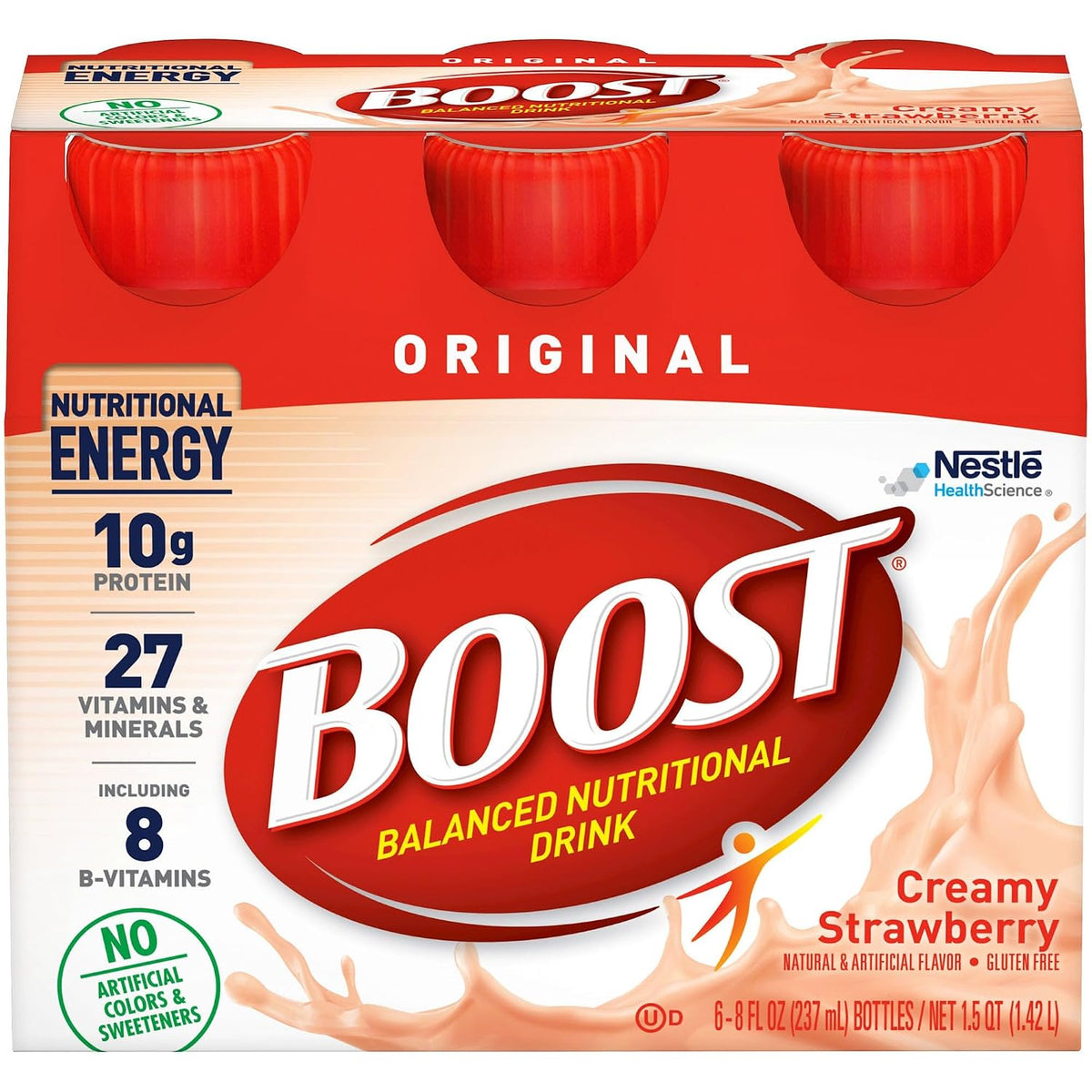 Boost Original Nutritional Drink in creamy strawberry flavor, 8 oz bottles, pack of 24, with nutritious liquid in a clear bottle.