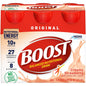 Boost Original Nutritional Drink in creamy strawberry flavor, 8 oz bottles, pack of 24, with nutritious liquid in a clear bottle.