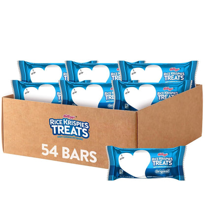 Rice Krispies Treats cereal bars with crispy marshmallow squares in a 12.4oz box, showing the snack bars with marshmallow and rice cereal