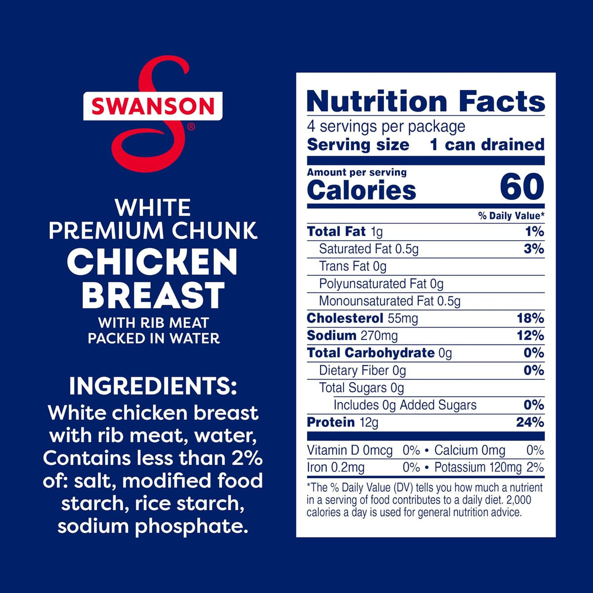 Swanson White Premium Chunk Canned Chicken in Water, 4 cans of 2.4 oz each, with labels showing chicken chunks in water.