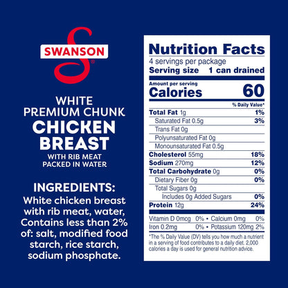 Swanson White Premium Chunk Canned Chicken in Water, 4 cans of 2.4 oz each, with labels showing chicken chunks in water.
