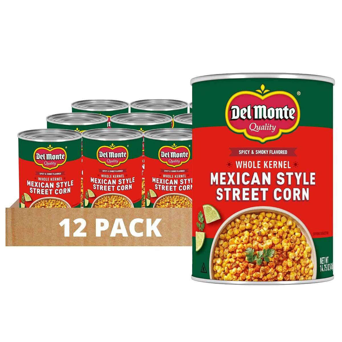 Canned Del Monte Mexican Street Corn in a 14.75 oz. can, showing vibrant corn with seasoning and chili flavor.