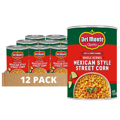 Canned Del Monte Mexican Street Corn in a 14.75 oz. can, showing vibrant corn with seasoning and chili flavor.