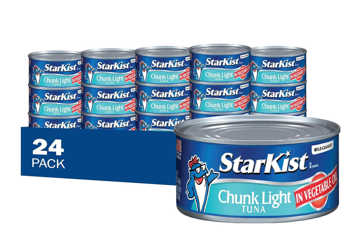 Eight 5oz cans of StarKist Chunk Light Tuna in Water, canned seafood product with pull-tab lids arranged in a pack.
