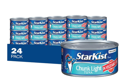 Eight 5oz cans of StarKist Chunk Light Tuna in Water, canned seafood product with pull-tab lids arranged in a pack.