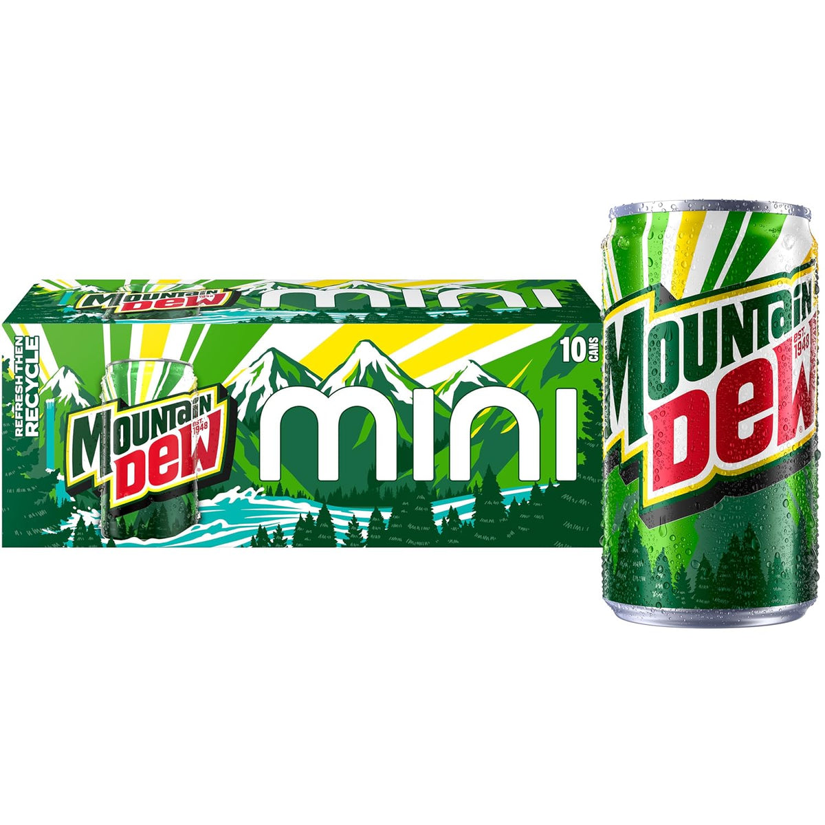 12-pack of Mountain Dew Dirty Dew 12oz full sugar soda cans, featuring the distinctive green Mountain Dew branding.