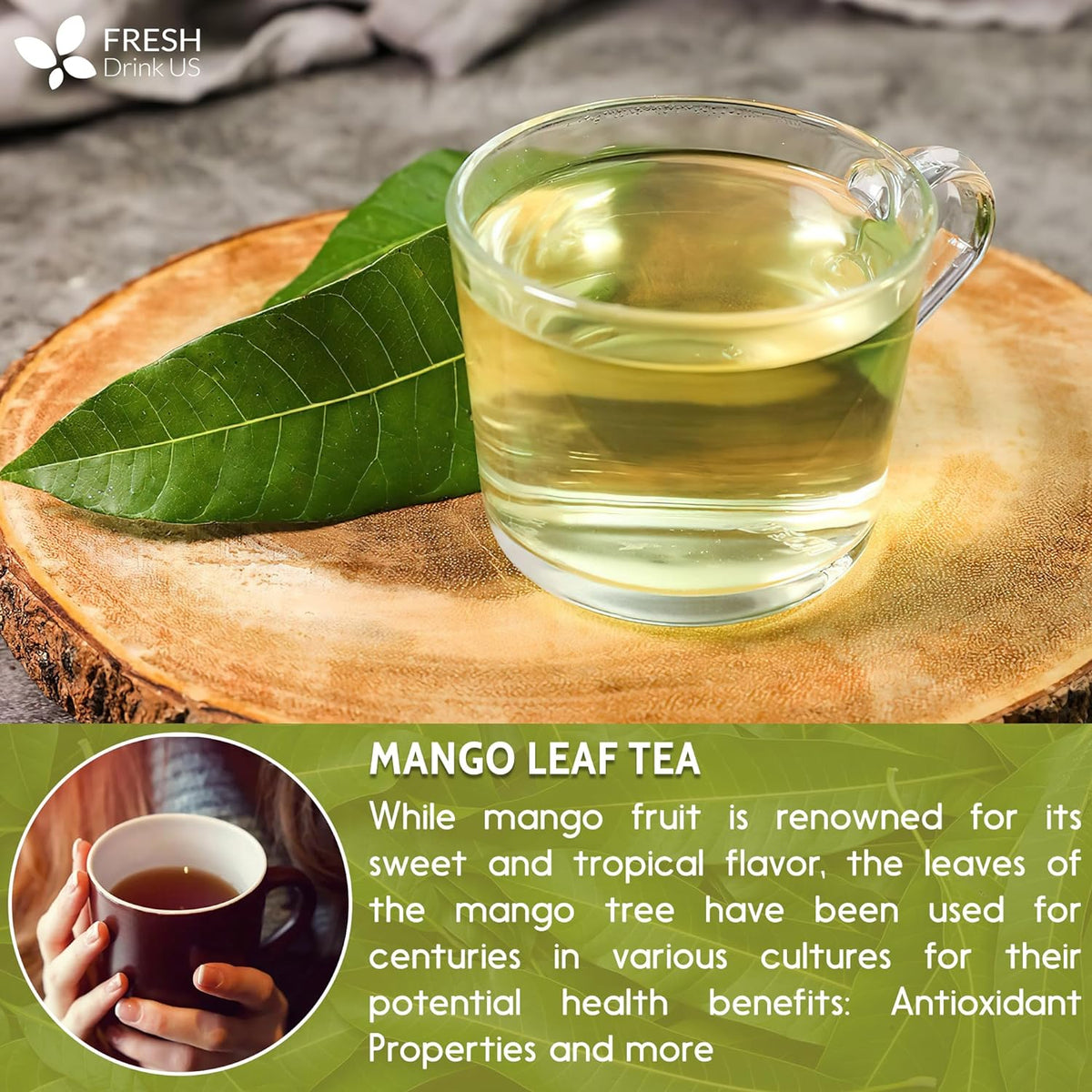 Whole dried mango leaves for herbal tea by FreshDrinkUS, natural and pure mango leaf tea in loose leaf form, caffeine-free and vegan.