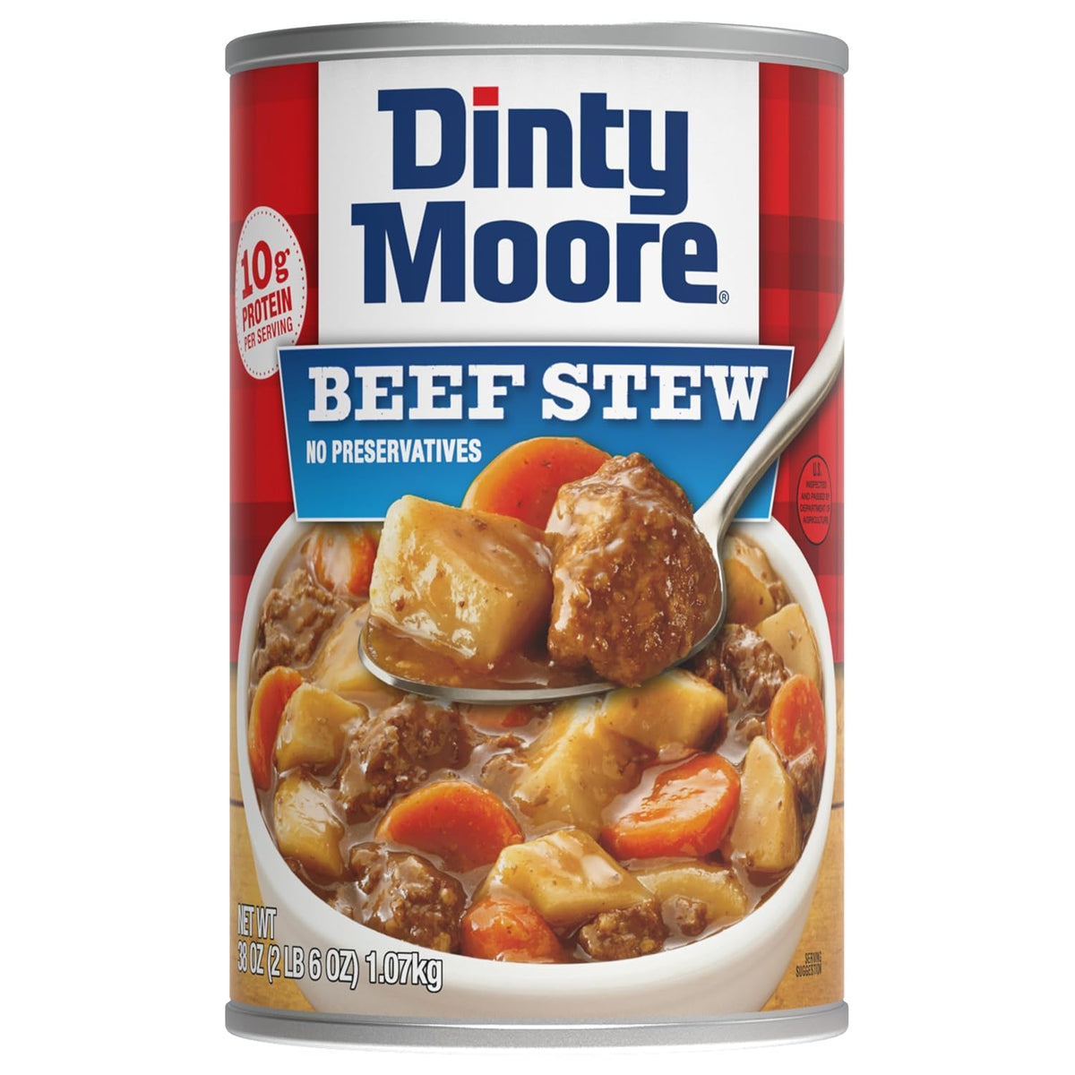 Canned Dinty Moore beef stew with potatoes and carrots in a 15oz can, ready to serve, packed in a box of 12 cans.