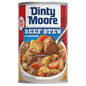 Canned Dinty Moore beef stew with potatoes and carrots in a 15oz can, ready to serve, packed in a box of 12 cans.