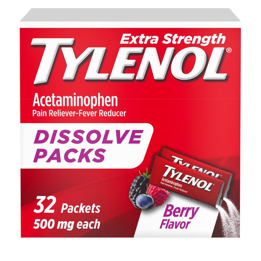 Tylenol Extra Strength 500mg acetaminophen quick-dissolve berry packs, pain relief supplement in colorful packs