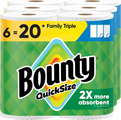 Image of Bounty Paper Towels Quick Size in white, 16 family rolls, equivalent to 40 regular rolls, with K-Cup coffee pods.