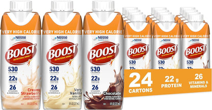 BOOST Very High Calorie Chocolate Protein Drink in 8 Fl Oz bottles, shown in a 24-pack, with chocolate flavor and nutritional labeling.