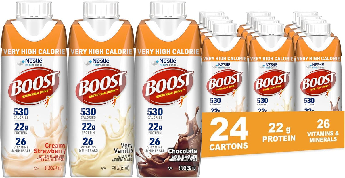 BOOST Very High Calorie Nutritional Drink in Very Vanilla flavor, 8 fl oz bottles, 24-pack, with creamy vanilla drink bottles.
