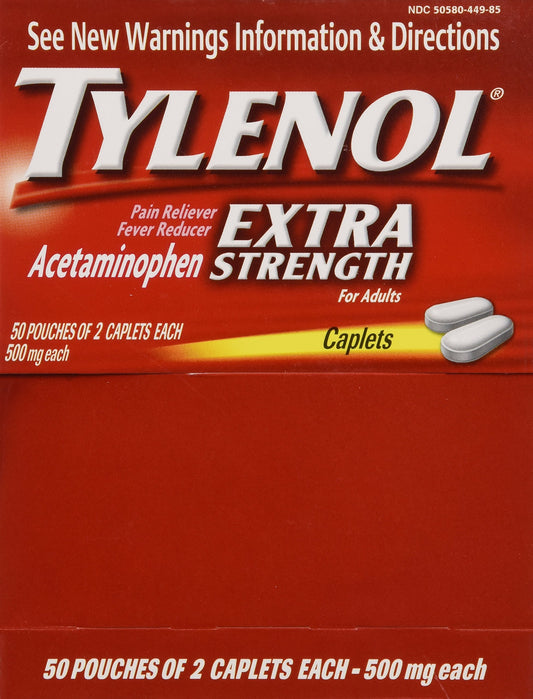 Bottle of Tylenol Pain and Fever Relief capsules with 100 count, featuring white capsules and clear label