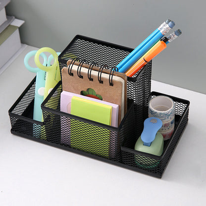 Creative metal four-grid pen holder for office use by BACKUPMYFILESNOW.COM®, with four compartments for organizing pens and stationery.