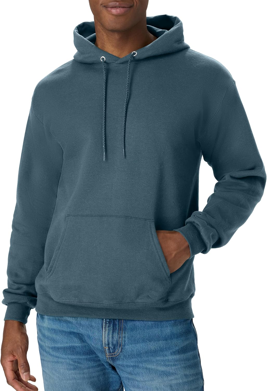 Hanes EcoSmart men's hoodie in midweight fleece, featuring a hood and front pocket, available in big and tall sizes.