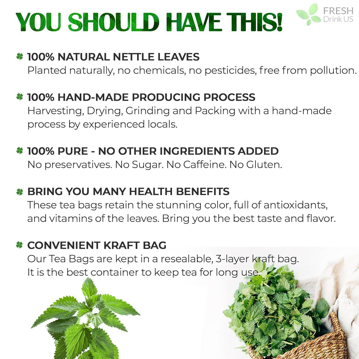Premium Nettle Leaf Tea Bags, 100% Natural & Pure, Stinging Nettle Leaf Tea, Nettle Leaf Tea, Burn Nettle, Stinging Nettle, Nettle Tea, Stinger Tea, No Sugar/Caffeine & Gluten, Vegan