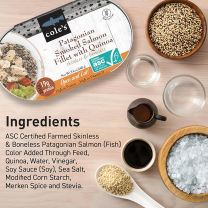 Cole's Open & Eat Meals Variety Pack with smoked salmon, trout, quinoa, and vegetables in 5.6 oz ready-to-eat cans.