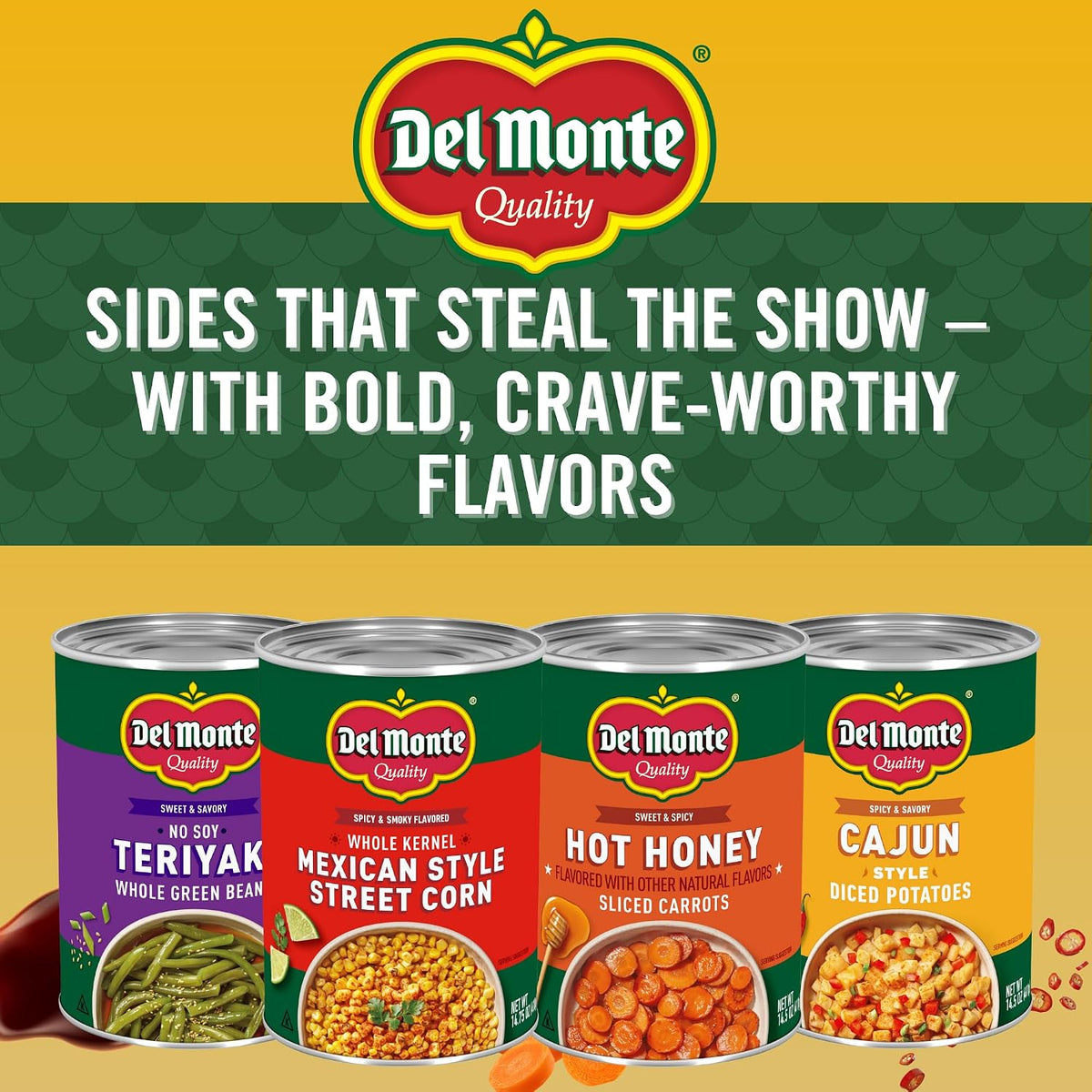 Canned Del Monte Mexican Street Corn in a 14.75 oz. can, showcasing vibrant corn with Mexican street-style seasoning.