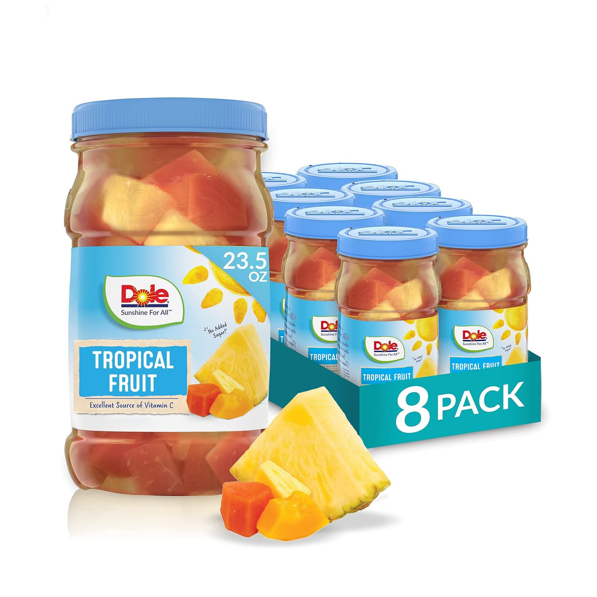 Eight jars of Dole sliced peaches in syrup, 23.5 oz each, displayed in a row.