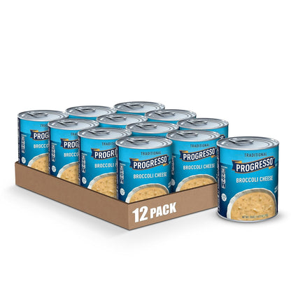 Canned Progresso Traditional Chicken Noodle Soup, 19 oz, 4-pack, with visible soup and noodles in a bowl