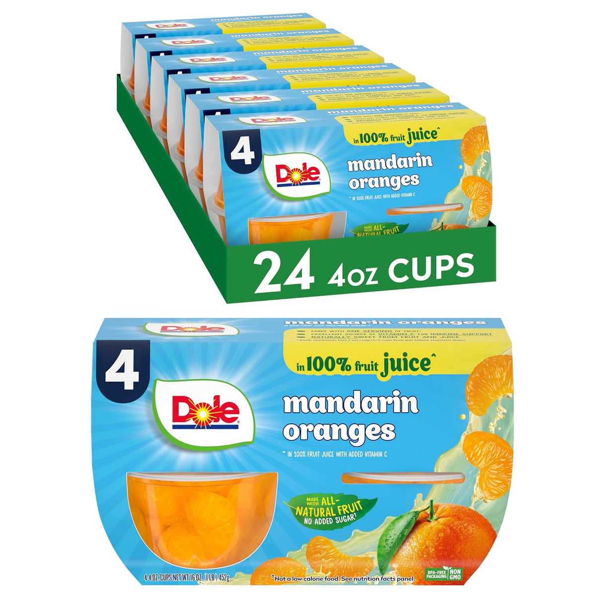 Canned Dole Mandarin Oranges in 4oz cups, showing bright orange segments in clear packaging.