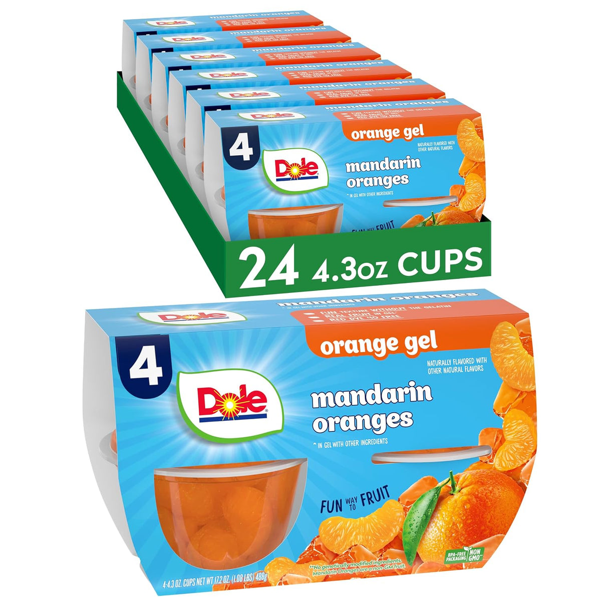Canned Dole Mandarin Oranges in 4oz cups, showing bright orange segments in clear packaging