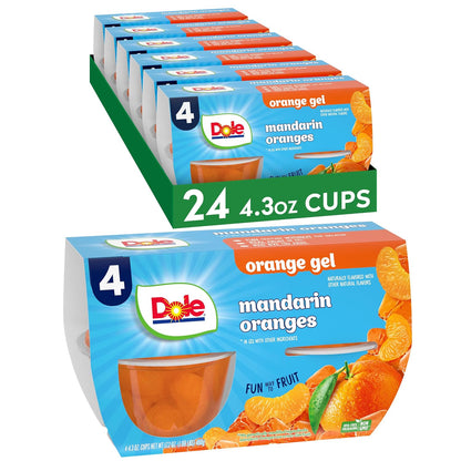 Canned Dole Mandarin Oranges in 4oz cups, showing bright orange segments in clear packaging
