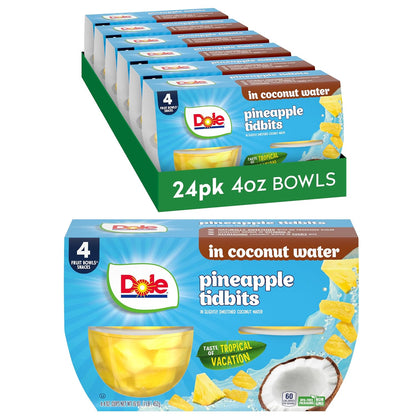 Canned Dole pineapple tidbits and tropical fruit in 4 oz bowls, 12-pack, showing colorful fruit pieces in clear bowls.
