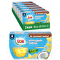 Canned Dole pineapple tidbits and tropical fruit in 4 oz bowls, 12-pack, showing colorful fruit pieces in clear bowls.
