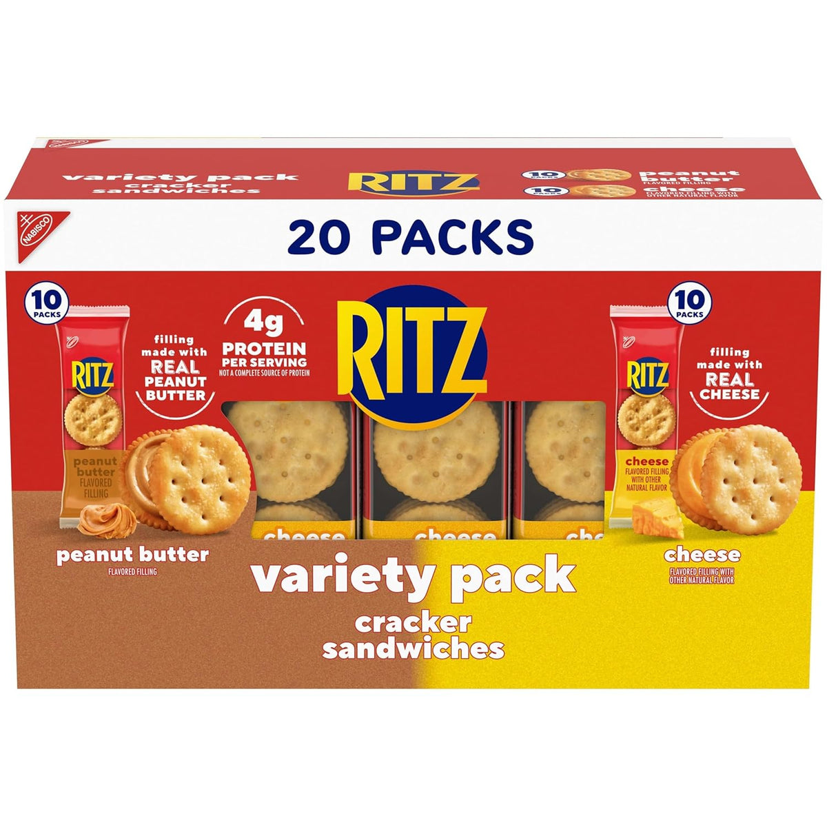Ritz peanut butter and cheese sandwich crackers variety pack with 20 snack packs, featuring classic Ritz sandwich crackers.