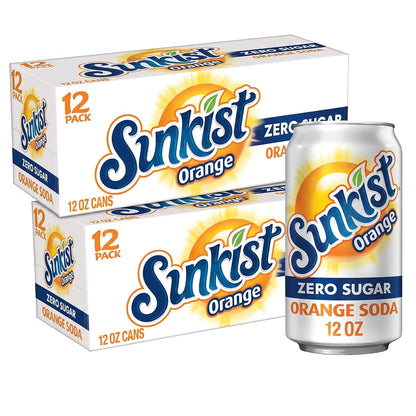 Sixteen-ounce cans of Dr Pepper Sunkist Zero Sugar Orange Soda, 12-pack, featuring bright orange branding and a refreshing appearance.