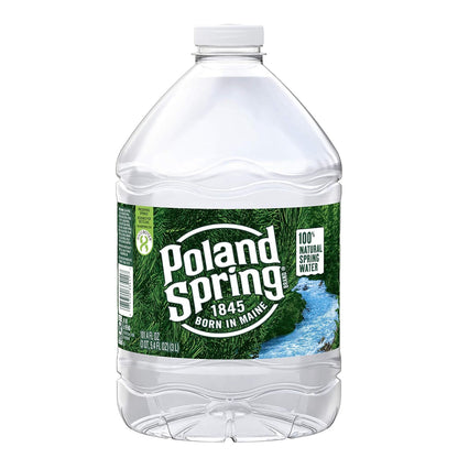 Poland Spring half-pint natural spring water bottles in a 12-pack, showing clear bottles filled with fresh spring water.