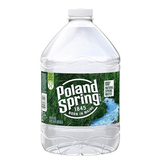 Poland Spring half-pint natural spring water bottles in a 12-pack, showing clear bottles filled with fresh spring water.