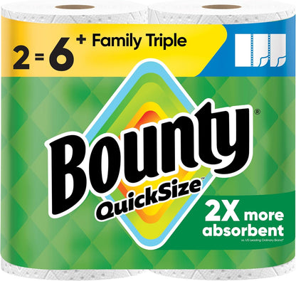 Bounty paper towels quick size in white, 16 family rolls, folded and stacked for kitchen use
