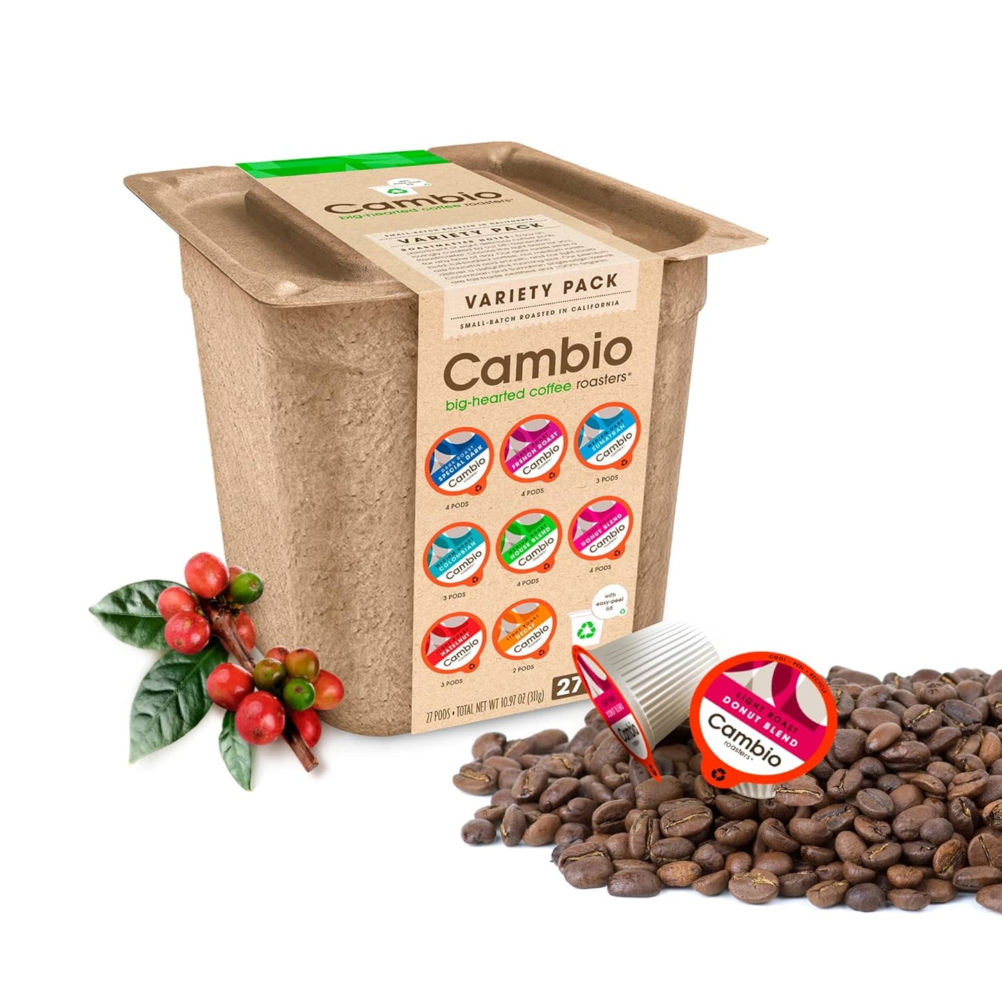 Cambio Roasters Colombian Medium Roast organic coffee pods for Keurig, recyclable aluminum, bold flavor, 60 count.
