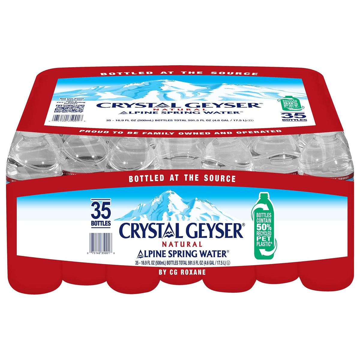 Crystal Geyser bottled spring water, 16.9 fl oz, pack of 35, clear water in plastic bottles with mountain label design