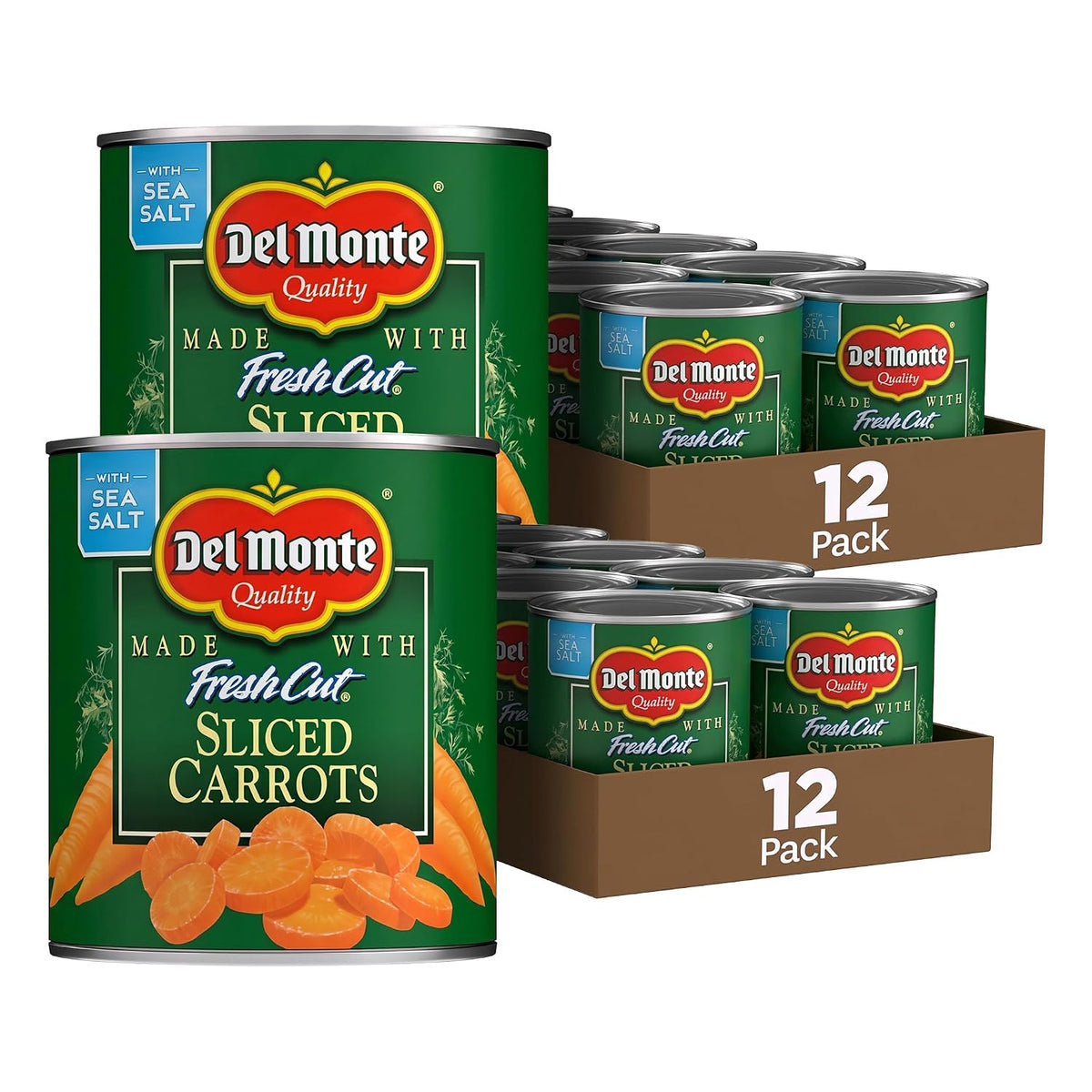 Sliced carrots in a clear plastic package by Del Monte, 8.25 ounces each, pack of 12, ready for cooking or snacking.