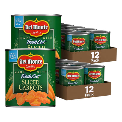Sliced carrots in a clear plastic package by Del Monte, 8.25 ounces each, pack of 12, ready for cooking or snacking.