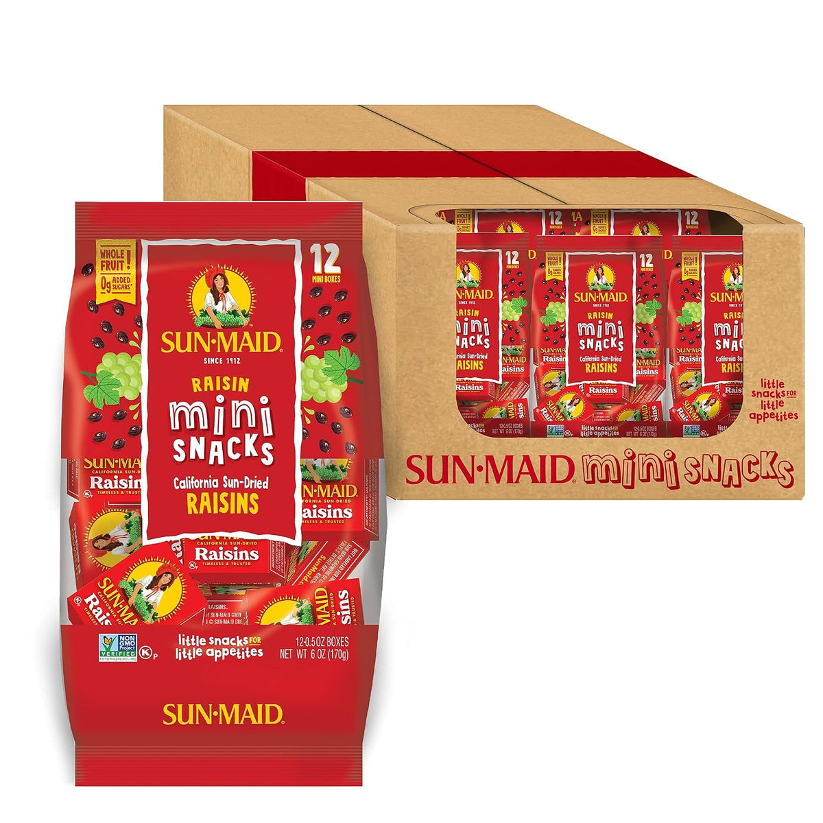 Sun-Maid California sun-dried raisins in snack-size 1 oz boxes, arranged in a fruit gift basket.