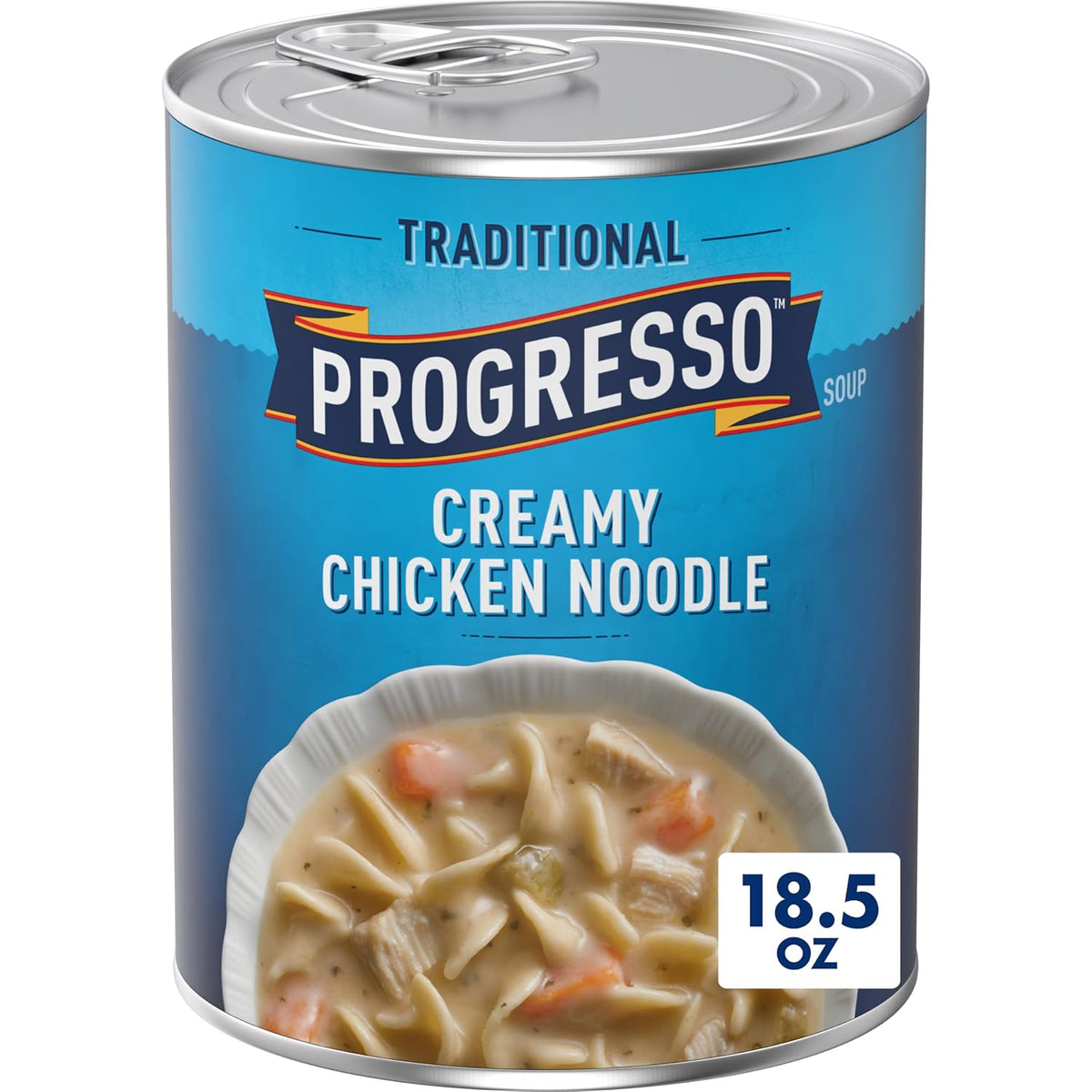Canned Progresso Traditional Chicken Noodle Soup in 19 oz cans, four-pack, with chicken, noodles, and vegetables visible in the image.